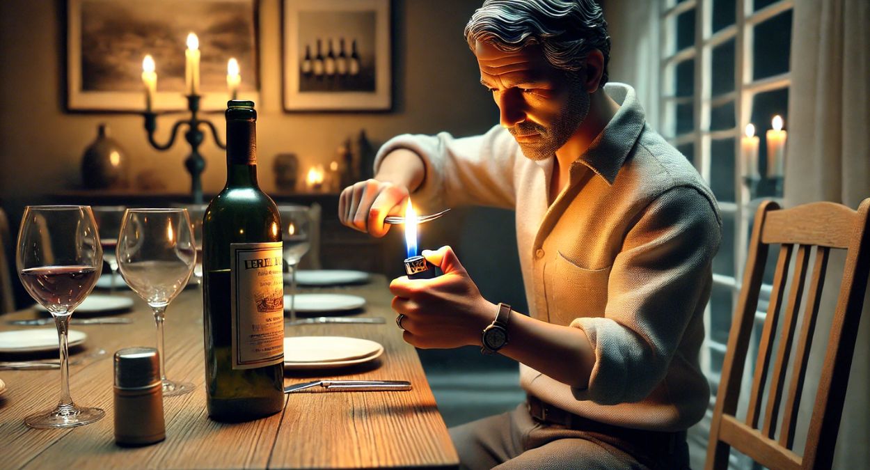 Abrir garrafa de vinho com isqueiro (imagem gerada por IA)