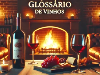 Garrafa de vinho tinto e dois copos ao lado da lareira