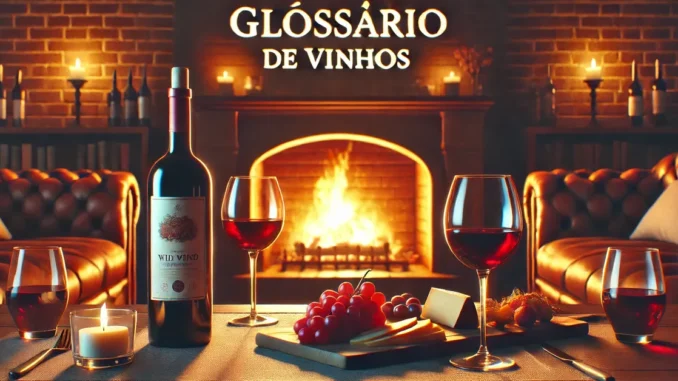 Garrafa de vinho tinto e dois copos ao lado da lareira