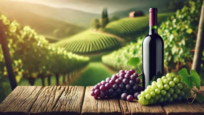 Garrafa de vinho e cachos de uva (Imagem: IA)