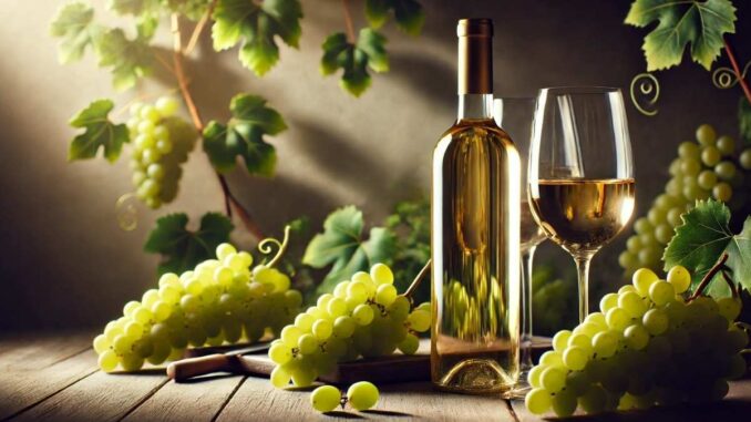 Garrafa de vinho branco, taças e cacho de uva (Imagem: IA)