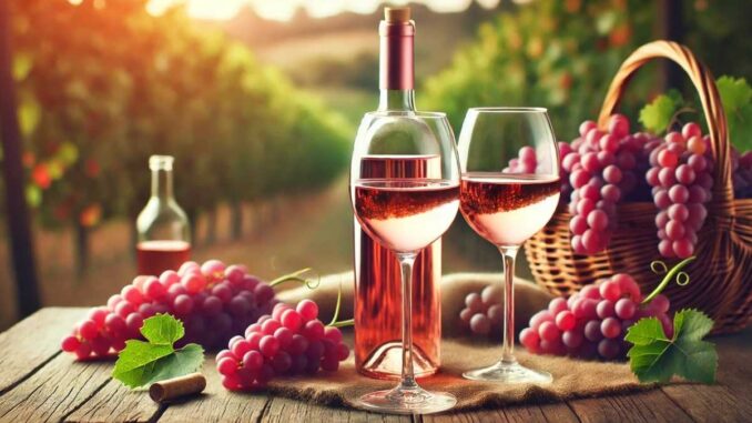 Garrafa, taças de vinho e cachos de uvas (Imagem: IA)