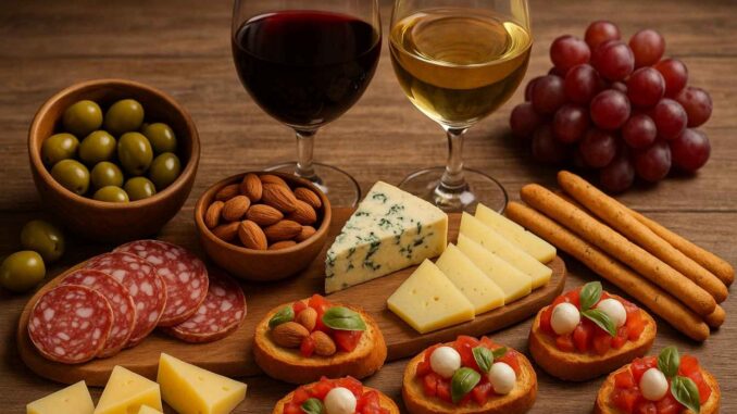 Petiscos e taças de vinho (Imagem: IA)