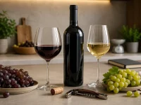 Garrafa de vinho com duas tacas vinho tinto e branco