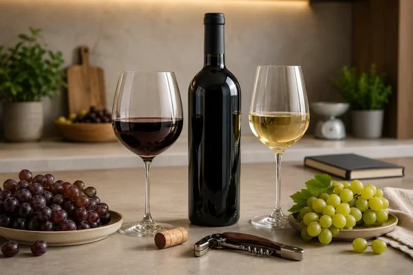 Garrafa de vinho com duas tacas vinho tinto e branco