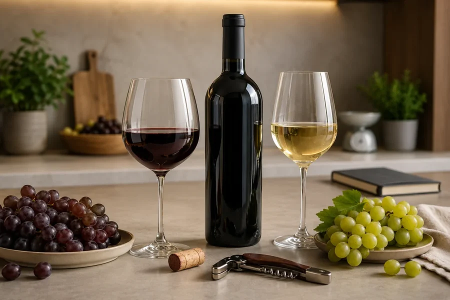 Garrafa de vinho com duas tacas vinho tinto e branco