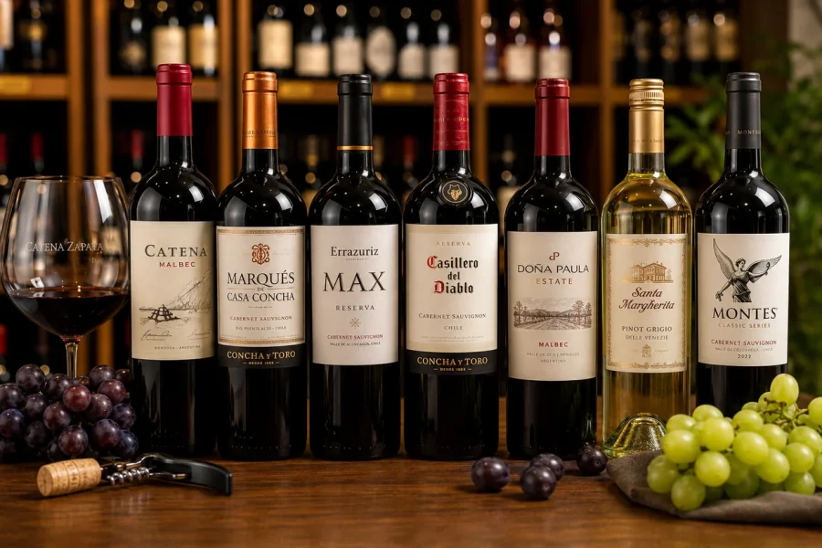Garrafas de varios rotulos de vinhos bons conhecidos